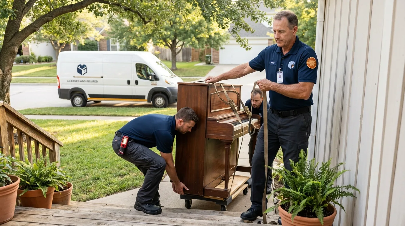 Licensed piano movers securing grand piano in Claxton, GA