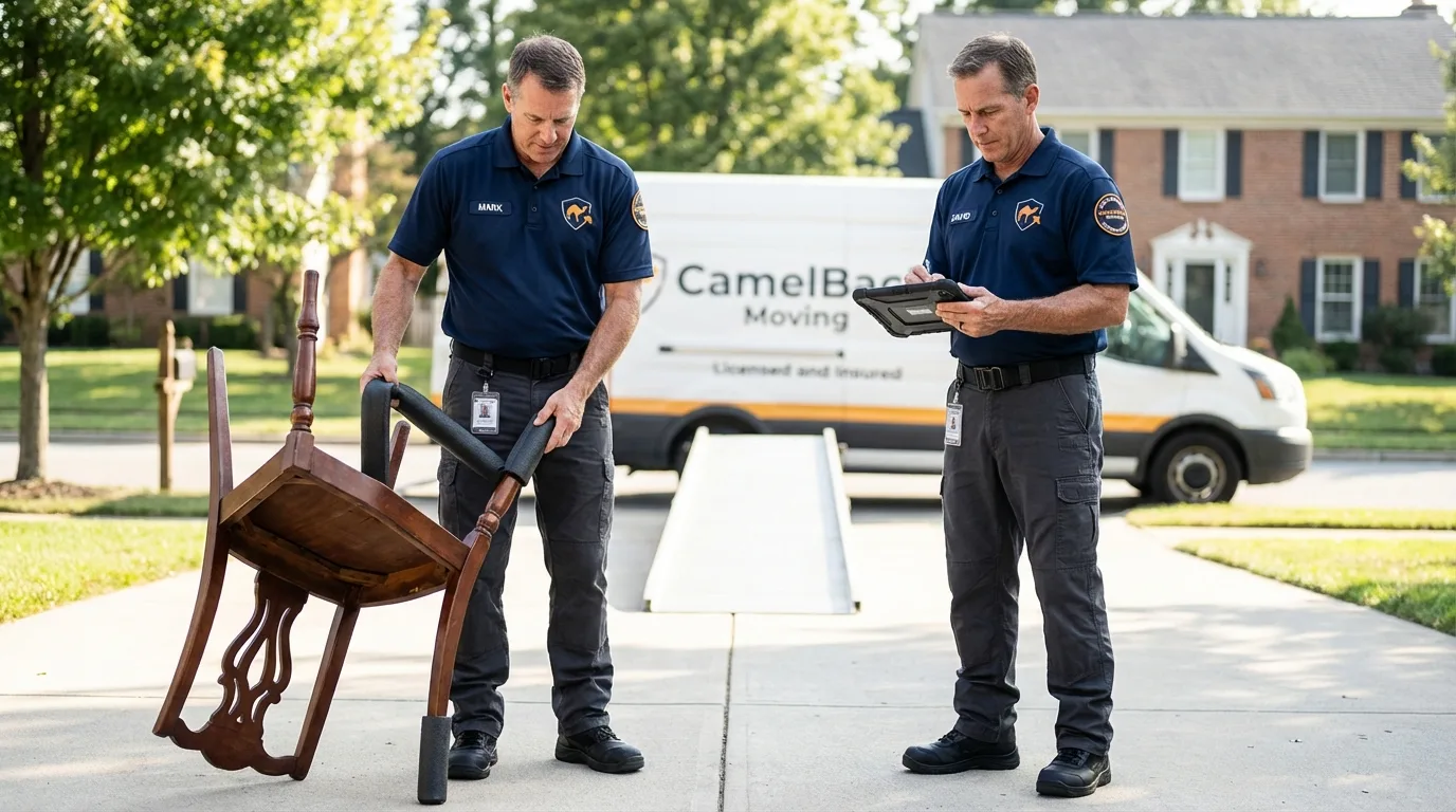 Movers inspecting furniture for damage prevention before loading in Claxton, GA