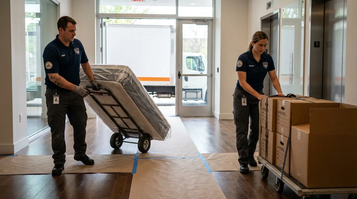 Professional apartment movers loading elevator in Claxton, GA